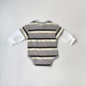 Baby gestreifter Langarm Strampler gefälschter Zweiteiler Body Kleinkind Frühling Crawler
