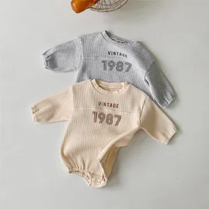 Infant Baby Romper Spring Autumn Long Sleeve Waffle Digital Print Crew Neck Unisex Baby Jumpsuit Clothing