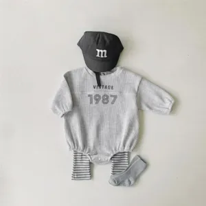 Infant baby waffle romper set with striped leggings and cap, cute grey autumn daily wear.