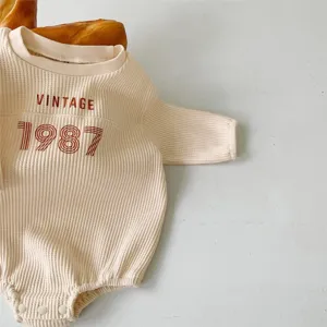 Baby waffle knit long sleeve romper infant cute bodysuit with vintage 1987 letter print clothing.