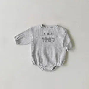 Grey baby waffle romper long sleeve infant bodysuit with vintage 1987 print cute baby clothes