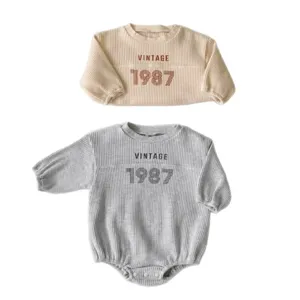 Cute infant baby waffle long sleeve romper and top set with vintage number print for autumn.