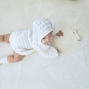 Baby waffle knit hooded romper infant crawling suit newborn cotton bodysuit detail scene