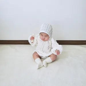Baby white bubble waffle long sleeve romper cute bonnet set infant toddler clothing