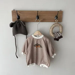 Cute baby brown gingham romper with acorn embroidery, long sleeve cotton infant clothing.