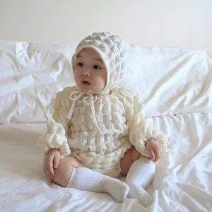 Cute infant baby waffle romper and bonnet set, soft newborn long sleeve bodysuit.