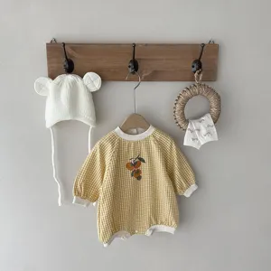 Cute baby yellow gingham romper with fruit embroidery and matching bear ear hat set.