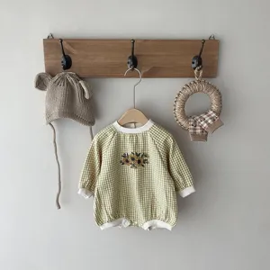 Baby green gingham cotton romper with cute sunflower embroidery for sweet infant spring wear.