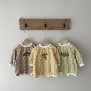 Infant plaid printed baby romper long sleeve cute embroidered baby clothing spring style