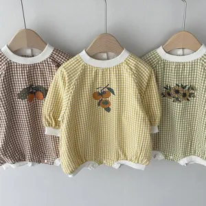 Cute baby grid romper long sleeve infant crawling clothes with sweet embroidery floral design