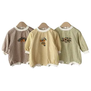 Cute baby gingham print long sleeve romper spring infant cotton bodysuit toddler clothes