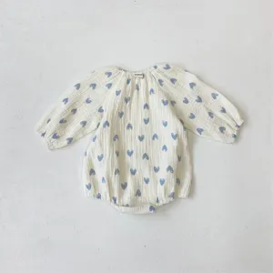 Infant baby cotton gauze romper cute blue heart print long sleeve newborn one piece clothing