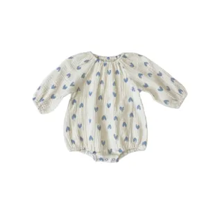 Baby cotton gauze romper with blue heart print, soft long sleeve infant jumpsuit.