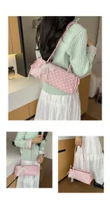 Borsa a spalla rosa a pois con grazioso fiocco in pizzo e perle, borsa da donna elegante.