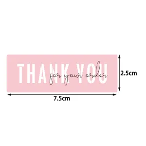 Pink thank you sticker detail, long strip gift sealing label with clear size dimensions.