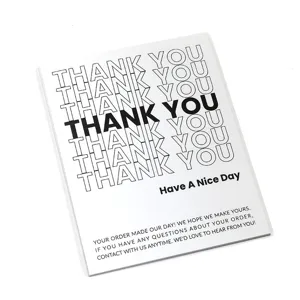 Minimalist black and white thank you card detail view for gift box and baking packaging.