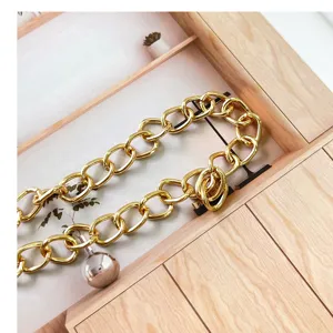 Golden chunky bag chain strap detail close-up showing metallic luster and pendant charm.
