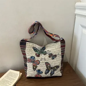 Ethno-Stil Leinwand Umhängetasche mit vintage Schmetterling gewebtem Muster für den Alltag.