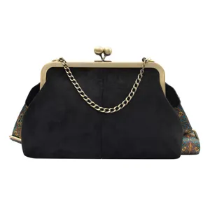 Retro black suede kiss lock handbag with chain strap, stylish vintage women shoulder bag.