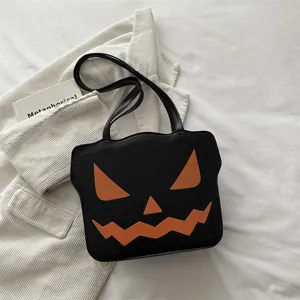 Halloween pumpkin shoulder bag, black PU leather cute tote bag, funny ghost face handbag for women.