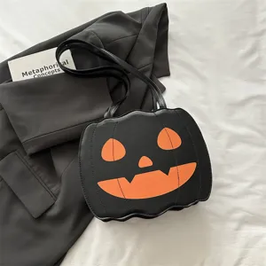 Halloween pumpkin shoulder bag for women, quirky PU leather tote bag, large capacity handbag.