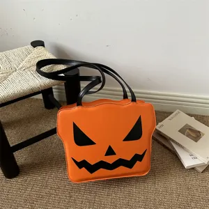 Halloween pumpkin tote bag funny novelty shoulder bag orange PU leather handbag for women
