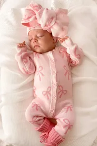Baby autumn winter knit romper pink long sleeve jumpsuit with cute bow hat for infant girls
