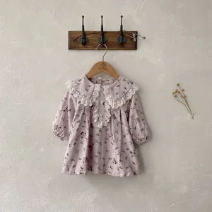 Toddler baby girl floral long sleeve dress with sweet lace collar, vintage style clothing.