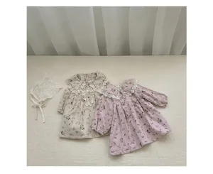 Cute baby girls floral long sleeve dress set with lace collar, sweet autumn toddler clothing.