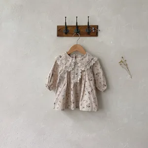 Baby girls floral long sleeve dress with sweet lace collar detail hanging display shot.