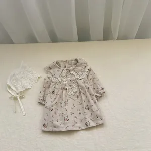 Cute baby girl floral long sleeve dress set with delicate lace collar and matching bonnet.