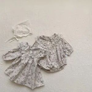 Cute baby girls floral long sleeve dress with lace collar and matching bonnet set sweet style