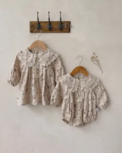 Sweet baby girls floral long sleeve dress and romper set with elegant lace collar.
