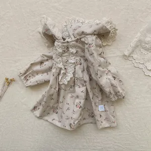 Toddler girls floral long sleeve dress with elegant lace collar, sweet vintage style toddler apparel.