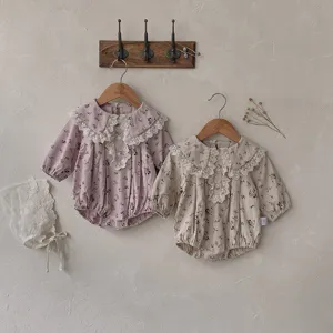 Infant baby toddler girls long sleeve floral romper lace collar sweet jumpsuit bodysuit set