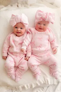 Cute baby girl knit romper with bow pattern, long sleeve cardigan jumpsuit and hat.