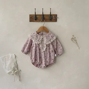 Cute baby girl floral long-sleeve romper with lace collar and matching bonnet for autumn.