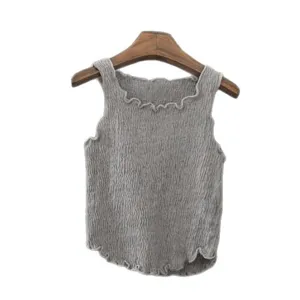 Cute grey sleeveless girls tank top with wavy rolled edges and comfortable crinkle cotton fabric.