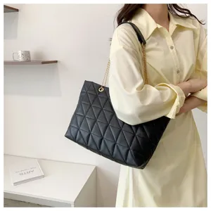 Stylish black quilted shoulder bag for women, featuring chic gold chain straps and spacious design.