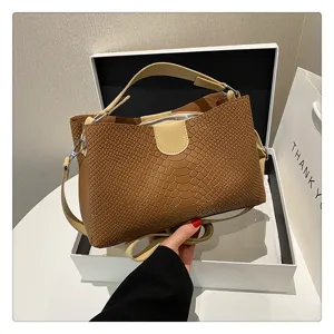 Elegante Kroko-Muster Farblich abgesetzte Handtasche, Vintage Pendler Umhängetasche Damen.
