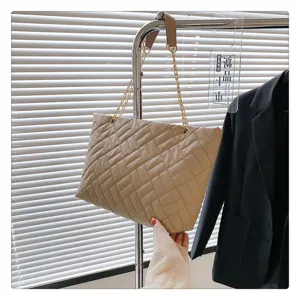 Khaki quilted chain tote bag for women, retro casual shoulder bag with elegant design.