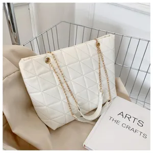 Large capacity quilted tote bag for women with chic chain straps and solid white PU leather.