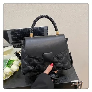 Black quilted flap shoulder bag with braided top handle casual chic crossbody messenger bag
