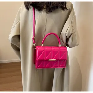 Fuchsia quilted top handle shoulder bag with metal bar closure for women chic daily crossbody