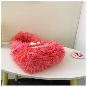 Cute pink plush fluffy handbag for women, soft furry shoulder tote bag with funny face.
