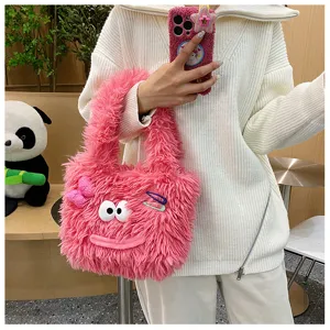 Cute fluffy pink plush handbag for women, quirky fuzzy shoulder tote bag for autumn winter.