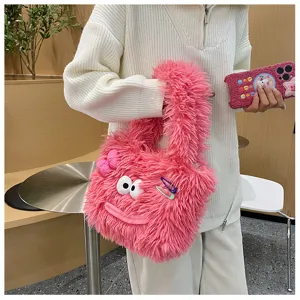 Cute fuzzy pink plush handbag with cartoon eyes and bow for women winter daily use.
