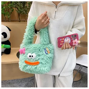 Cute fuzzy plush handbag detail, green fluffy monster style with funny eyes, autumn winter chic.
