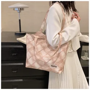 Korean style contrast color quilted tote bag, large capacity canvas shoulder bag for women.