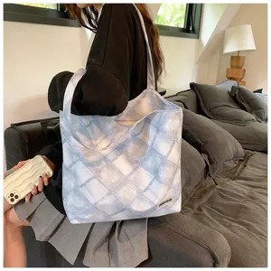 Korean style large capacity canvas shoulder tote bag, trendy blue and white plaid design for students.
